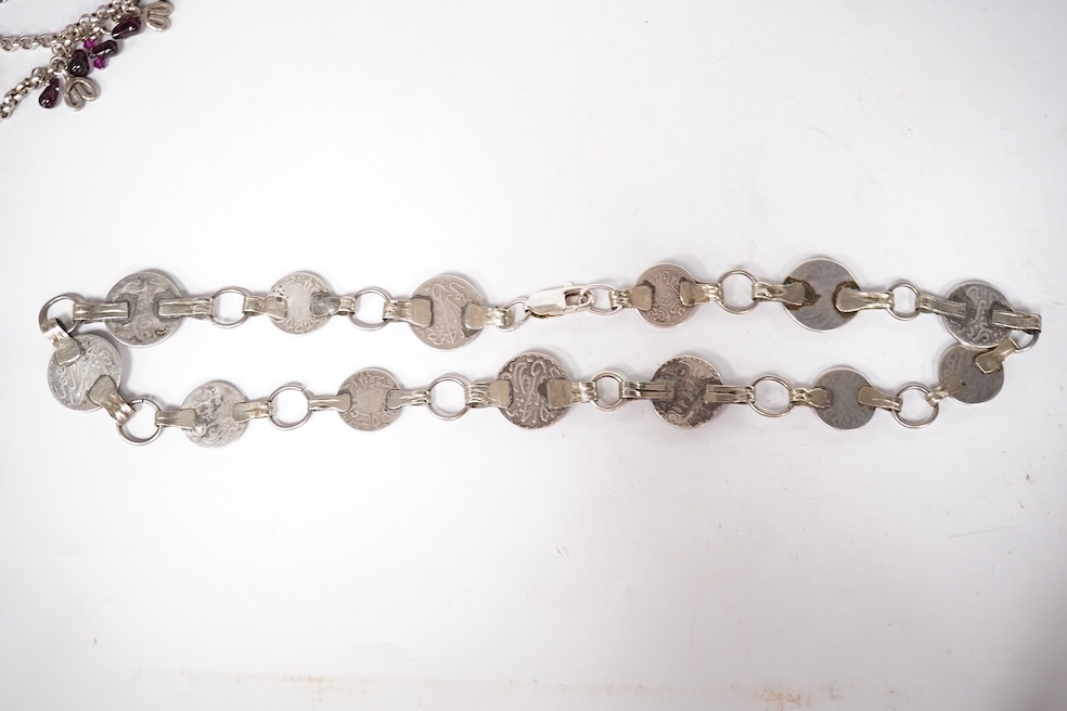An early 1960's Georg Jensen sterling brooch, no. 339 (designed by Henning Koppel, 58mm, together with a small group of jewellery and other items including a pair of silver oval cufflinks, a Persian coin necklace, a 14ct